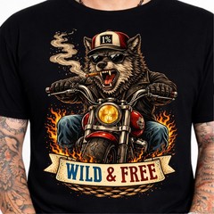 Wild & Free Wolf Biker Motorcycle Chopper Flames Funny Animal Graphic T-Shirt.