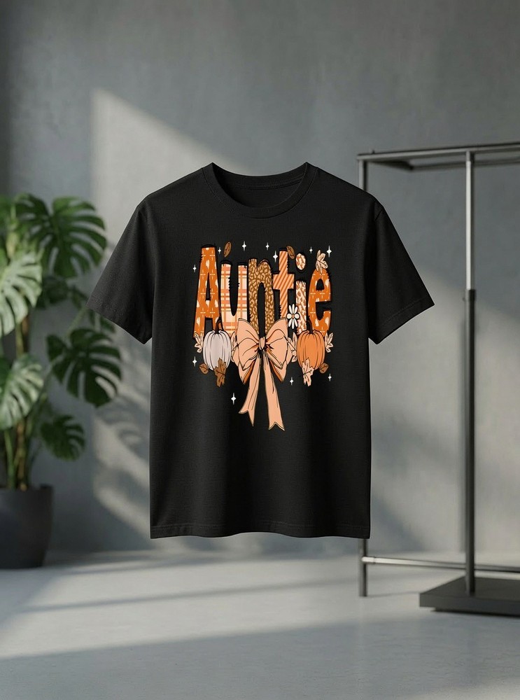 Unisex Auntie Pumpkin Coquette Bow Fall Thanksgiving Graphic Tee Family Gift