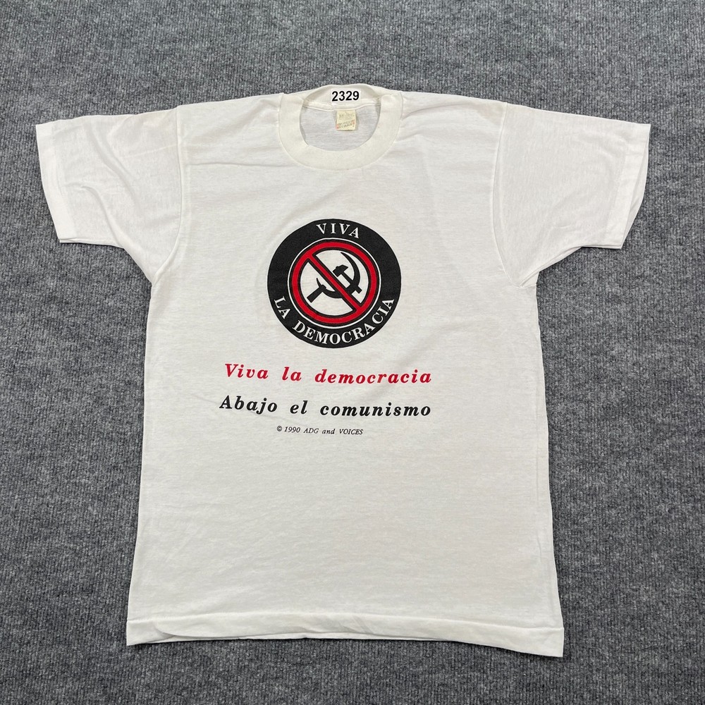 Vintage 1987 Long Live Democracy Down With Communism Shirt Medium 19×25 White