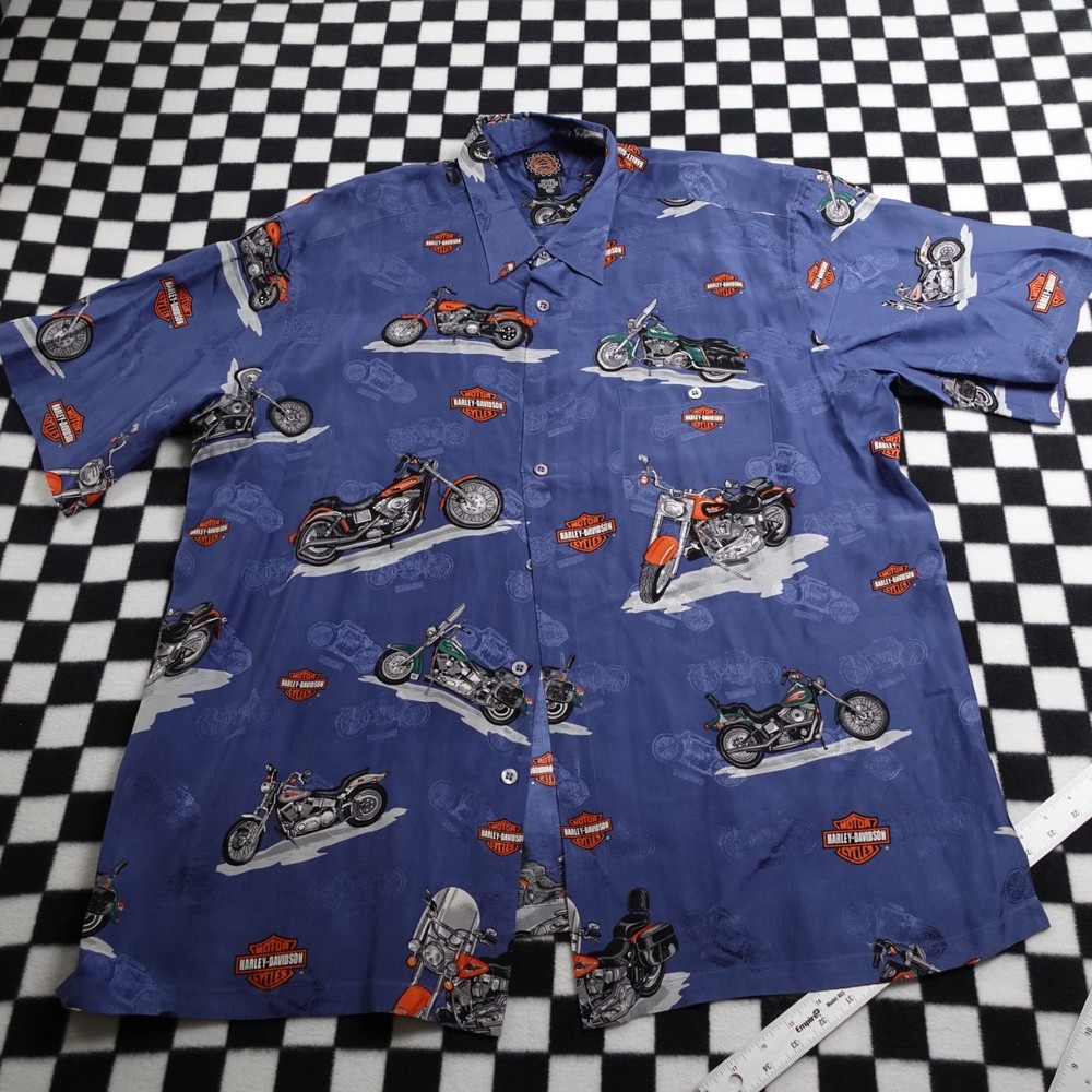 Vintage Harley Davison biker Hawaiian all over print button up Shirt 2XL Silk