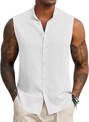 Mens Sleeveless Summer Shirts Beach Tank Tops Button Up Tank Shirt for Vacation
