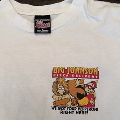 Vintage Big Johnson Shirt Mens L White 90s Funny Parody Pizza Delivery NSFW