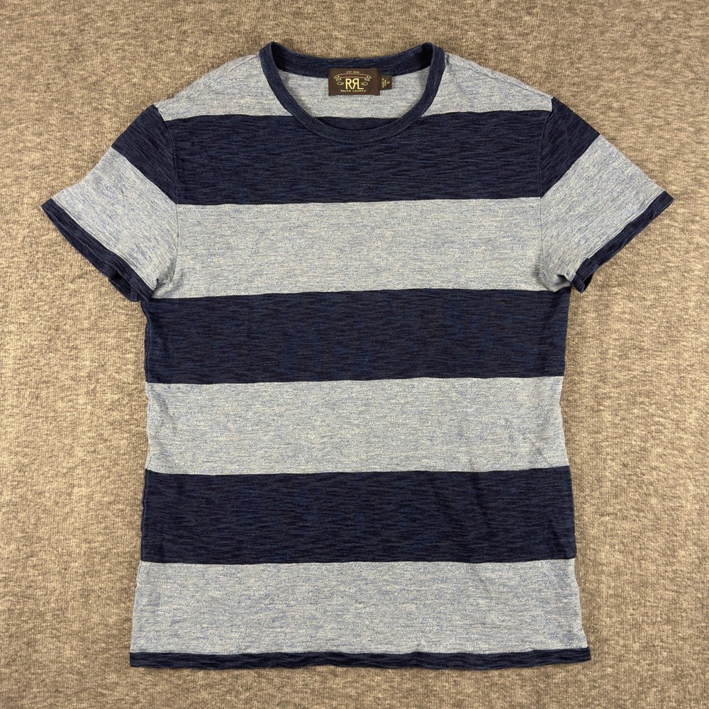 RRL Ralph Lauren Shirt Mens Medium Blue Striped Short Sleeve Crewneck Cotton Tee