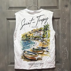 Phillip James Men’s White Saint-Tropez Graphic Logo Sleeveless Crew Tee Size M