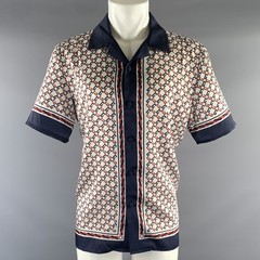 GUCCI Size XL White Navy & Red Monogram Silk Camp Short Sleeve Shirt