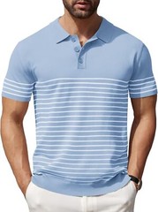 Men’s Striped Knit Polo Shirt Lightweight Short Sleeve Casual Collared Golf Tee