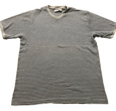 Vintage Utility Wear Knit V Neck Mens Blue and Gray Striped Ribbed Shirt Sz L