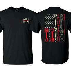 American Flag Mechanic Tools Wrench Piston Gear Patriotic Garage Shirt
