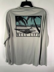 Reel Life Shirt Mens M Long Sleeve Performance Fishing UPF Tee Gray Logo Back