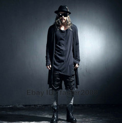 Mens Asymmetrical Hem Long Sleeve Shirt Top Mid Long T Shirts Punk Gothic S-3XL