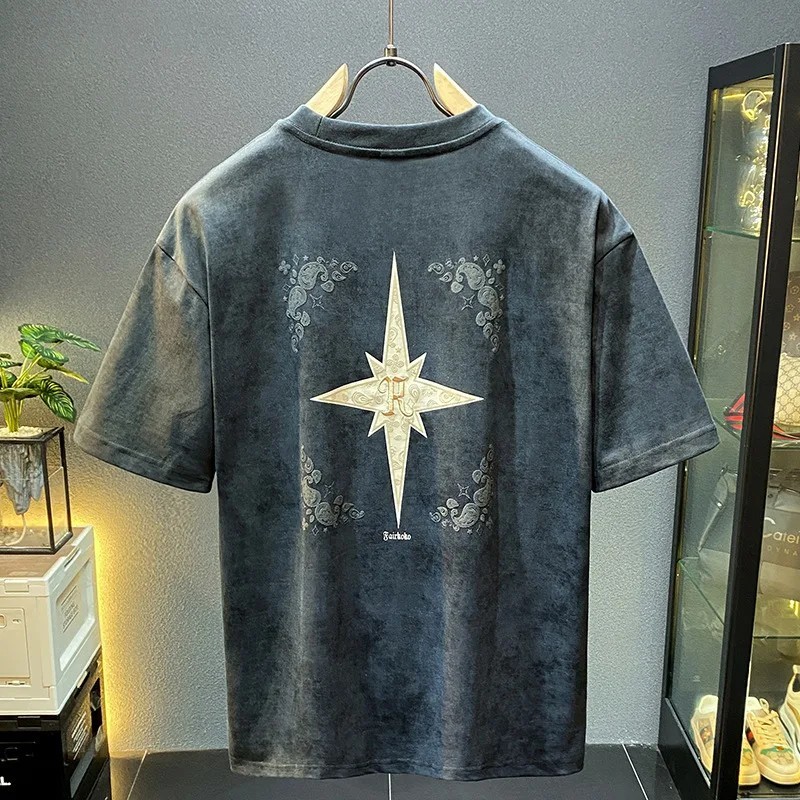 Mens Graphic Embroidered T-Shirt Retro Acid Wash Vintage Streetwear Crewneck Tee