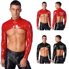 US Mens Shrug Stand Collar Clubwear Long Sleeve Crop Top Patent Leather Slim Top