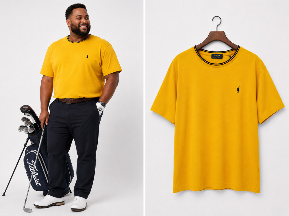 Polo Ralph Lauren Men’s XXL Yellow Crew Neck T-Shirt Tipped Collar Navy Pony