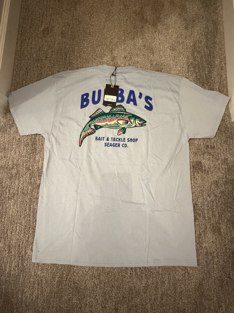 Seager T Shirt Graphic Mens Tee Bubbas Fishing Bait Size XL Sky Blue NEW RARE