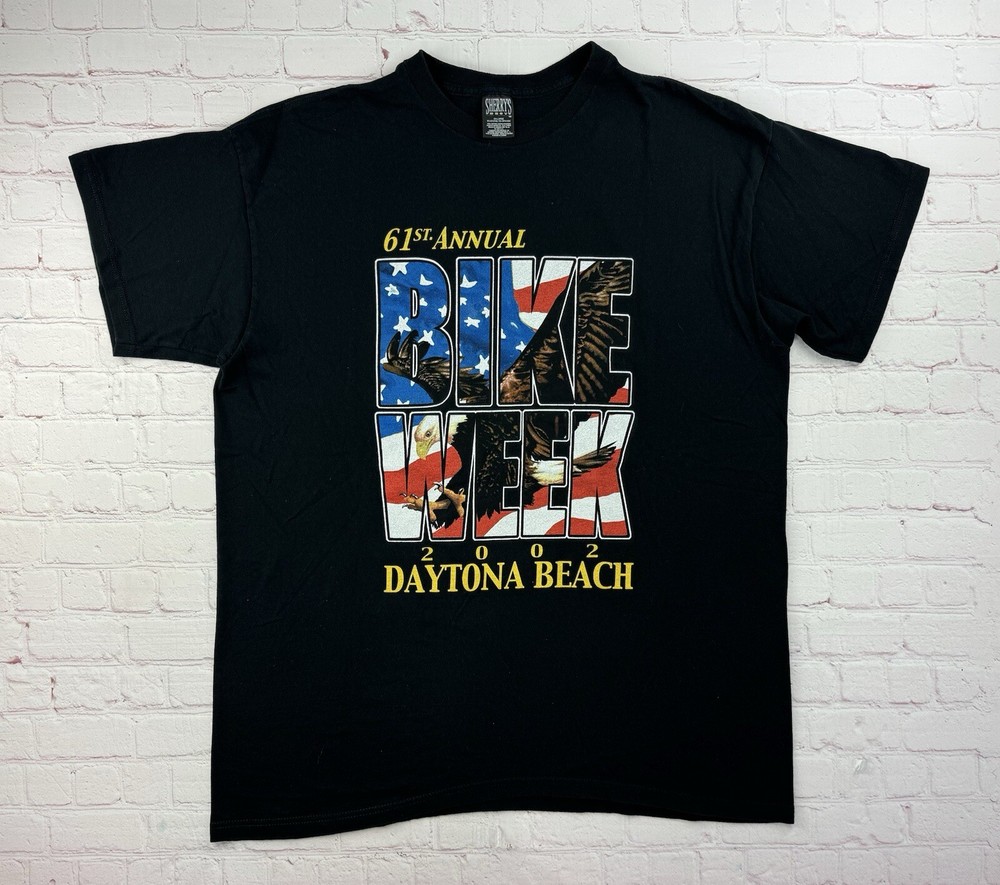 VTG Bike Week 2002 Daytona Beach FL Eagle USA Flag Double Sided T-Shirt Sz XXL