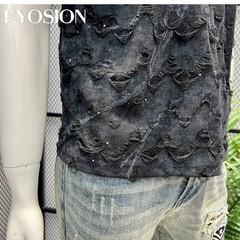 Men Distressed Ripped Star T-Shirt Tie Dye Short Sleeve Streetwear Hip Hop Tee