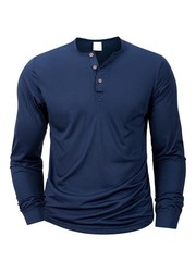 Mens Cotton Slim Fit Long Sleeve Henley T-Shirt Casual Button Tee Top Gym Gift