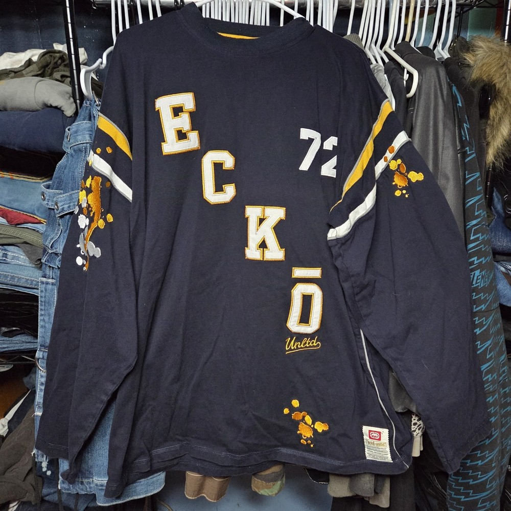 Ecko Unltd Navy Blue Graphic Logo Crew Neck Long Sleeve T-Shirt Men’s XL