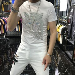 New Fashion Trend Leopard Hot Diamonds Rhinestones Summer Luxury Men T-Shirt