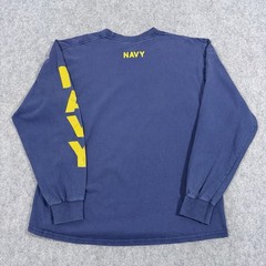 Soffe Vintage Navy Logo Long Sleeve T-Shirt Fits Men’s Size Large Blue Yellow