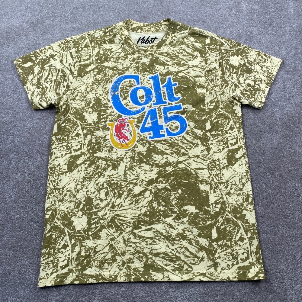 Pabst Colt 45 T-Shirt Mens Medium Green All Over Print Malt Liquor Graphic Tee
