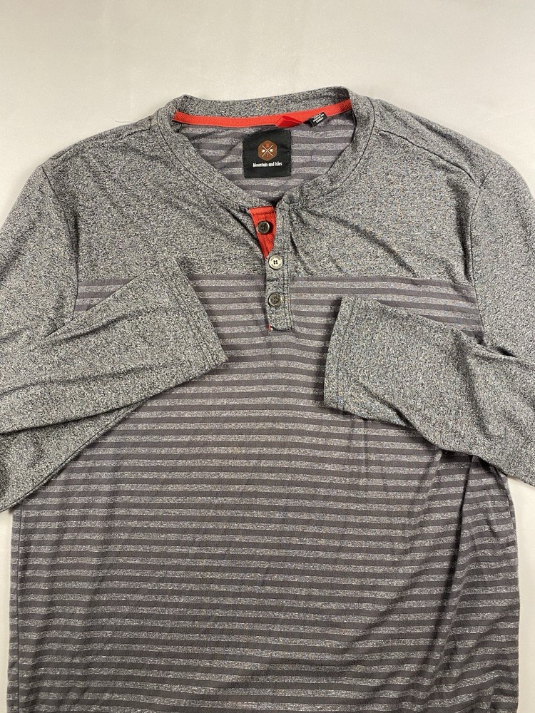 Mountain And Isles Mens Large Long Sleeve Gray Striped Henley Shirt