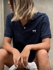 Polo Short Fitted Women Summer Business Casual Preppy Navy Blue T-Shirt Tops