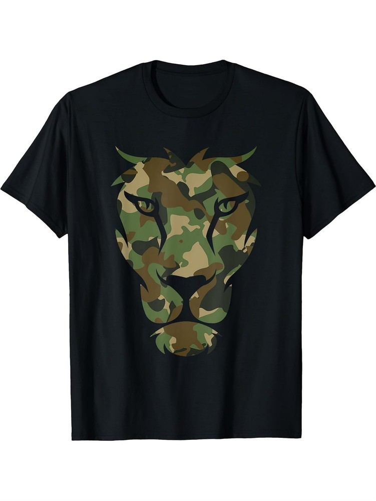 Camo Lion Head Graphic T-Shirt Military Camouflage Animal Print Tee