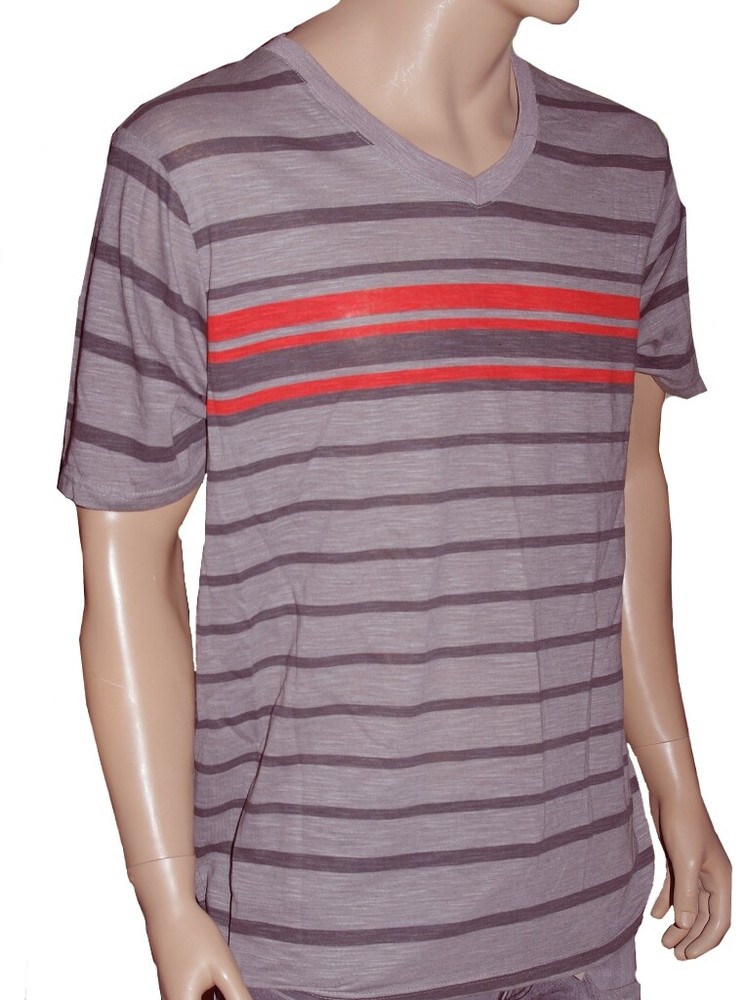 Mens SS Gray Grey Red Casual Striped V Neck Summer Shirt Top XL OT Sport NEW