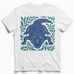 Alligator Gator Reptile Wildlife T-Shirt Tropical Blue Linocut Swamp Animal Tee