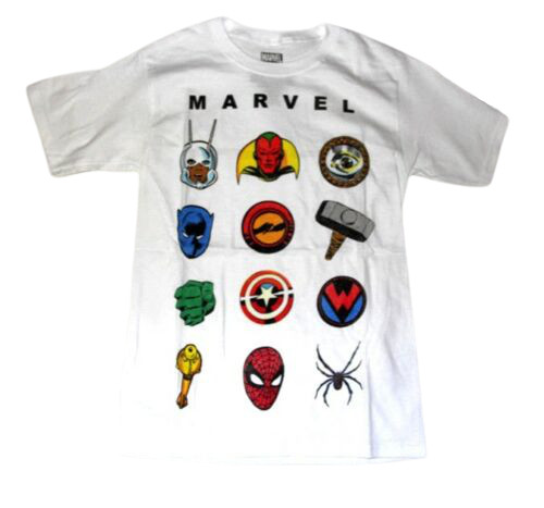 Marvel Comics Super heroes Logos Mens White Tee Shirt