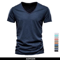 Aiopeson 100% T-shirts Cotton Men T-shirt V-neck Fashion Design Slim Fit Soild