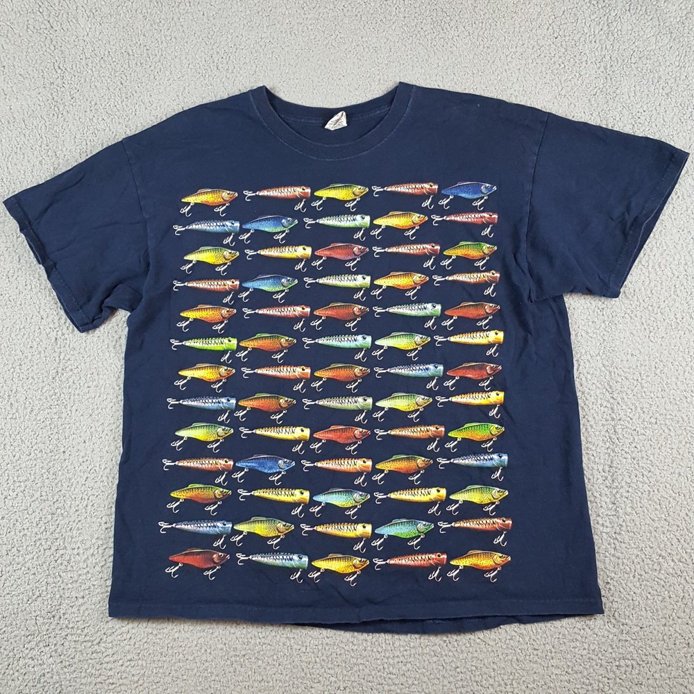Vintage Fishing Lure Fisherman Art Tee Men’s Size XL Outdoor Retro Fish T Shirt
