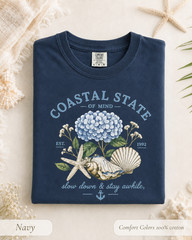 Coastal State of Mind Shirt, Comfort Colors Hydrangea Seashell Beach Tee