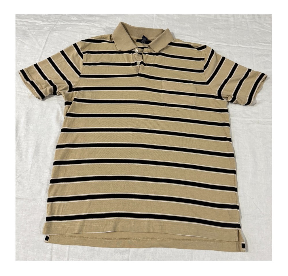 JOHN ASHFORD’S BUTTON/COLLAR/POCKET UNISEX POLO TAN/BLACK SHIRT SIZE ADULT S