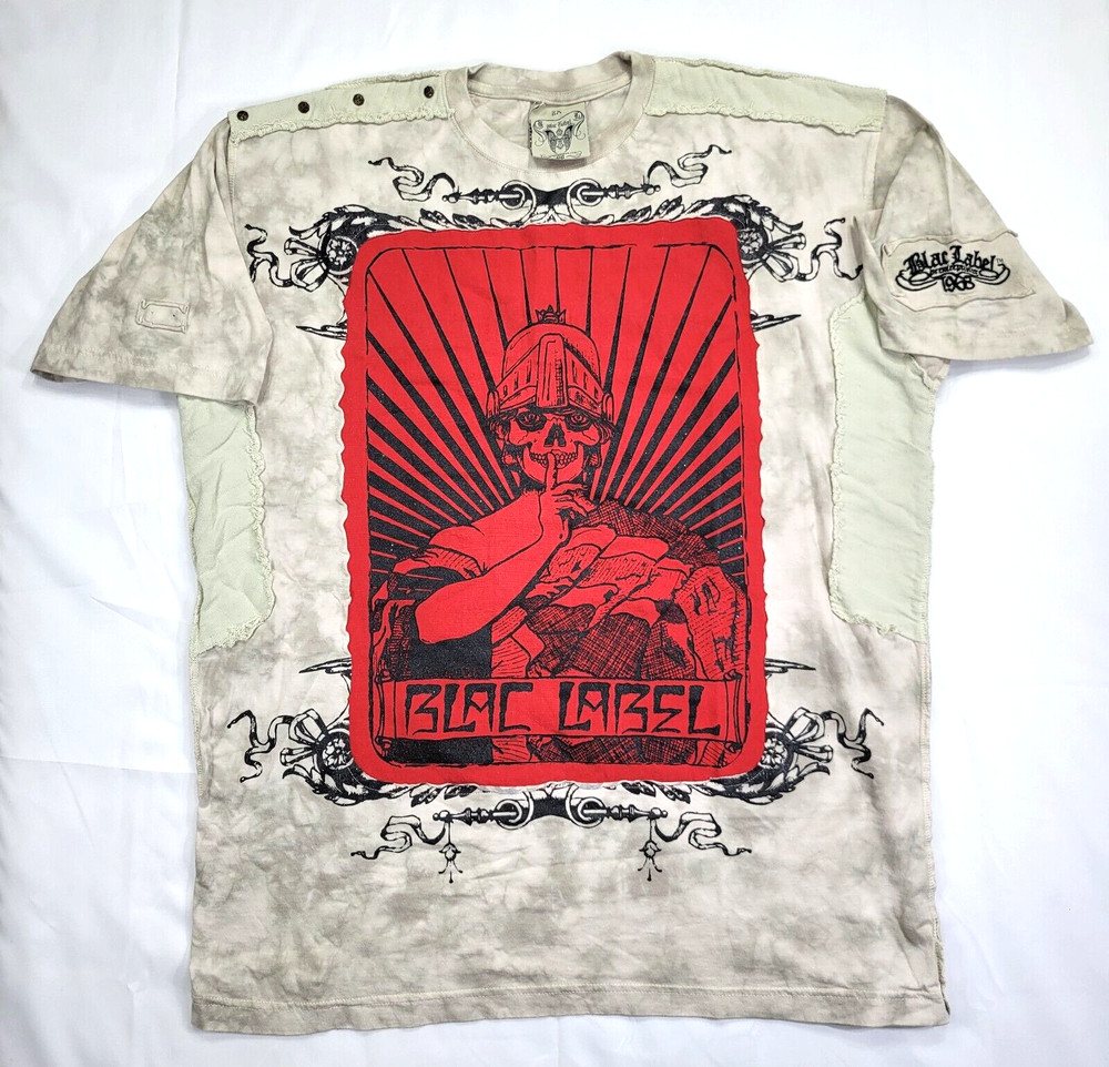 Vtg Y2k BLAC LABEL Affliction Shirt Beige Embroidered THICK AS THIEVES Men’s 2X