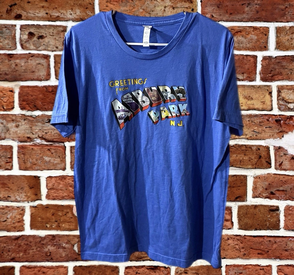 Canvas Unisex Greetings From Asbury Park NJ Graphic Blue Crew Neck T-Shirt L