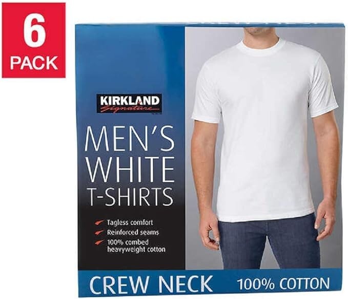 6-Pack Kirkland Signature Men’s Crew Neck Tee, White Color Size FAST NEW