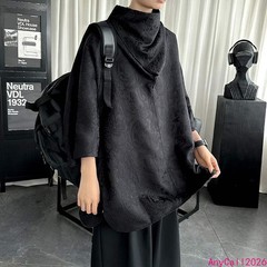 Black High Neck Silk Shirt Summer Thin Men’s High Neck 7-inch Sleeve Loose Tops