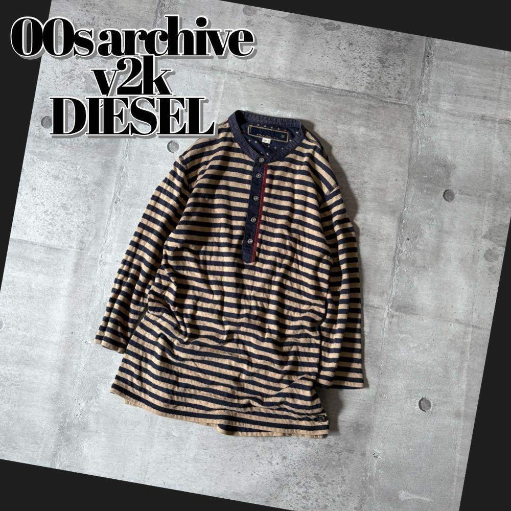 Diesel 00s Striped Henry Neck T-Shirt Short Sleeve Grunge Japan