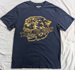 True Religion Men’s T-Shirt Tiger Tattoo Metallic Gold Foil Logo Tee Medium Blue