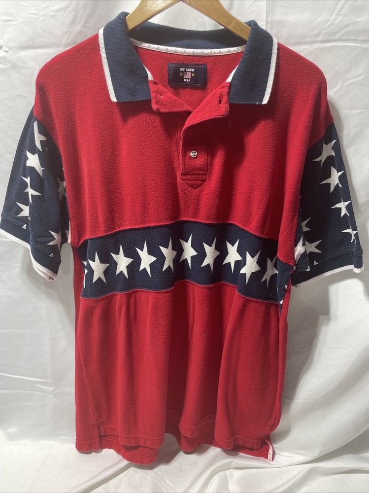 Men’s vintage 90’s Ivy Crew Patriotic Red White & Blue & Stars Polo shirt Large