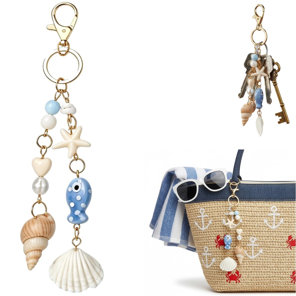 Ocean Starfish Seashell Keychain, Summer Beach Charm