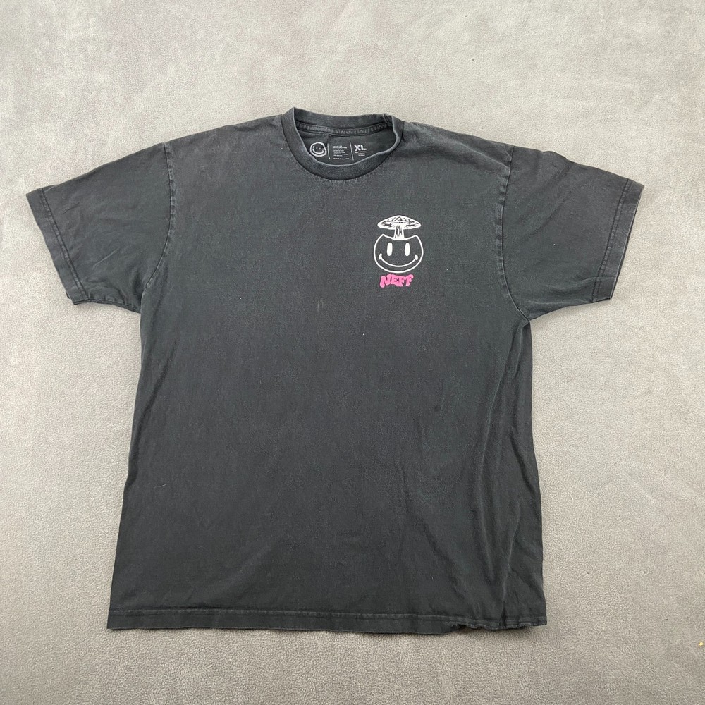 Y2K Neff Mushroom Smiley T-Shirt Mens XL Faded Black Graphic Print Cotton
