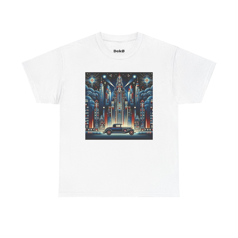Unisex Adult T Shirt Art Deco City Skyline Nightlife Classic Car Retro Graphic