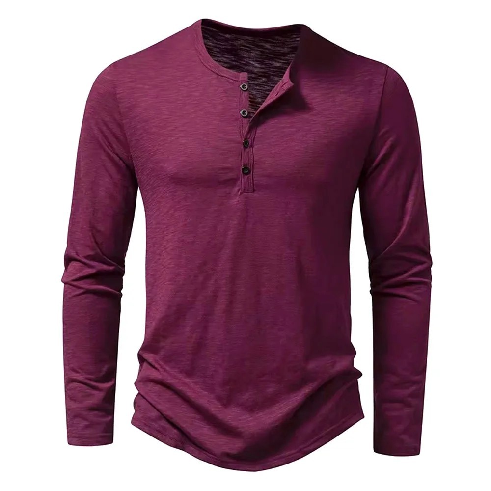Men’s Autumn Cotton Henley Neck T-Shirt, Long Sleeve, Casual Slim Fit
