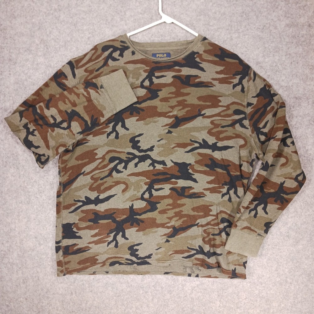 Polo Ralph Lauren Shirt Men XL Green Camo Thermal Waffle Knit Camouflage Hunting