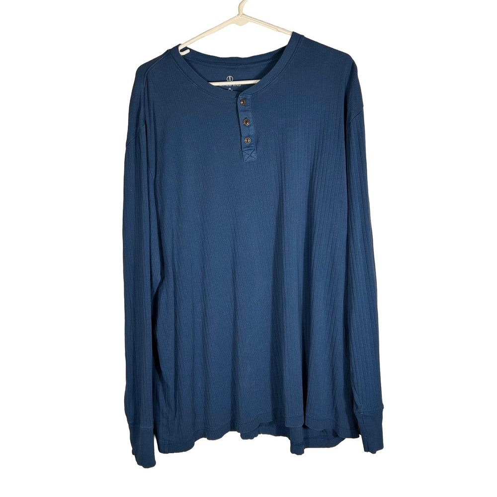 Lands End Mens XL Blue Ribbed Long Sleeve Henley Shirt 100% Cotton Casual Top