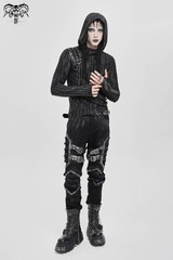 Devil Fashion Men Black And Gray Striped Gothic Asymmetric Hooded T-Shirt Tops