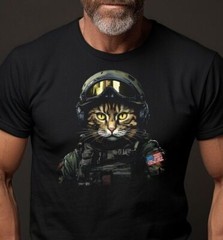 American Soldier Art Warrior Cat Army Patriotic USA Flag Graphic Tee Shirt